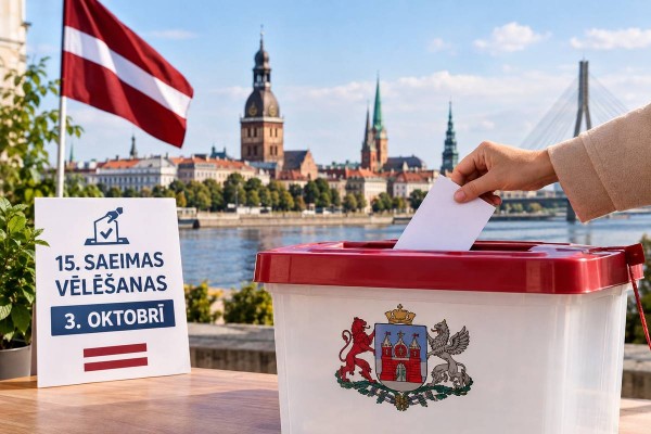 Roka iemet balsošanas aploksni vēlēšanu urnā uz Rīgas Vecpilsētas un Latvijas karoga fona - 15. Saeimas vēlēšanas 3. oktobrī