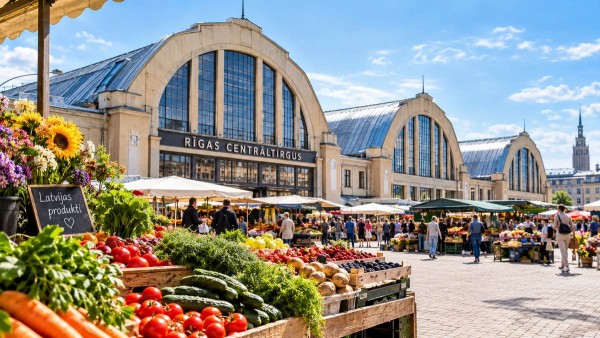 Rīgas Centrāltirgus vēsturisko paviljonu arkas un svaigu produktu grozs
